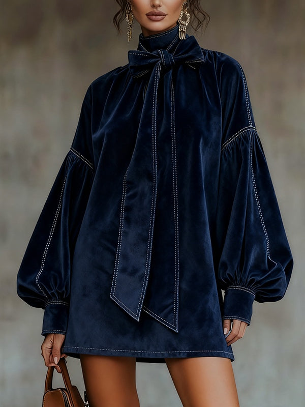 Aurelie | Navy Velvet Bow-Neck Mini Dress