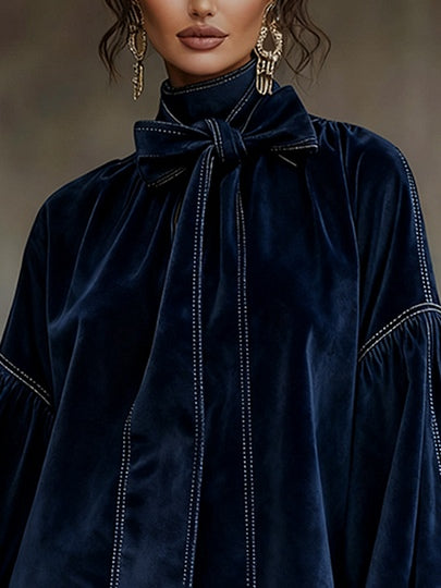 Aurelie | Navy Velvet Bow-Neck Mini Dress