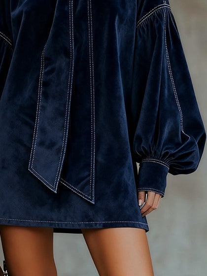 Aurelie | Navy Velvet Bow-Neck Mini Dress