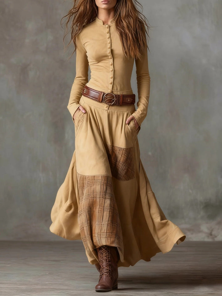 Ysaline | Suede-Effect Patchwork Maxi Dress with Belt