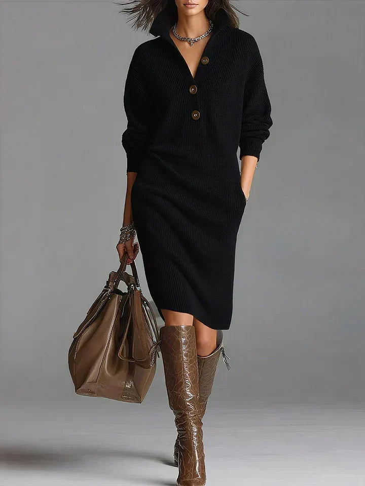 Carine | Oversized Ribbed Knit Polo-Neck Jumper Dress