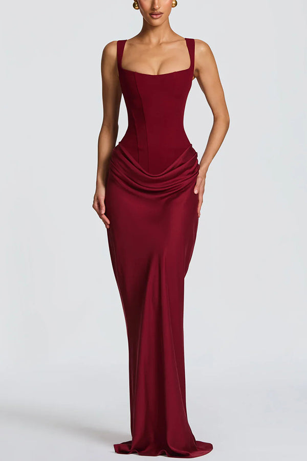 Pecan | Draped-Hip Square-Neck Maxi Dress
