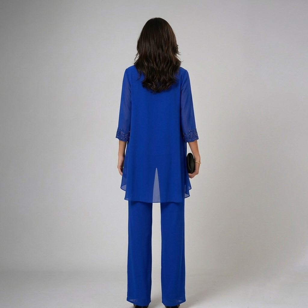 Lucinda | Chiffon Jacket, Lace-Neck Wide-Leg Three Piece Set