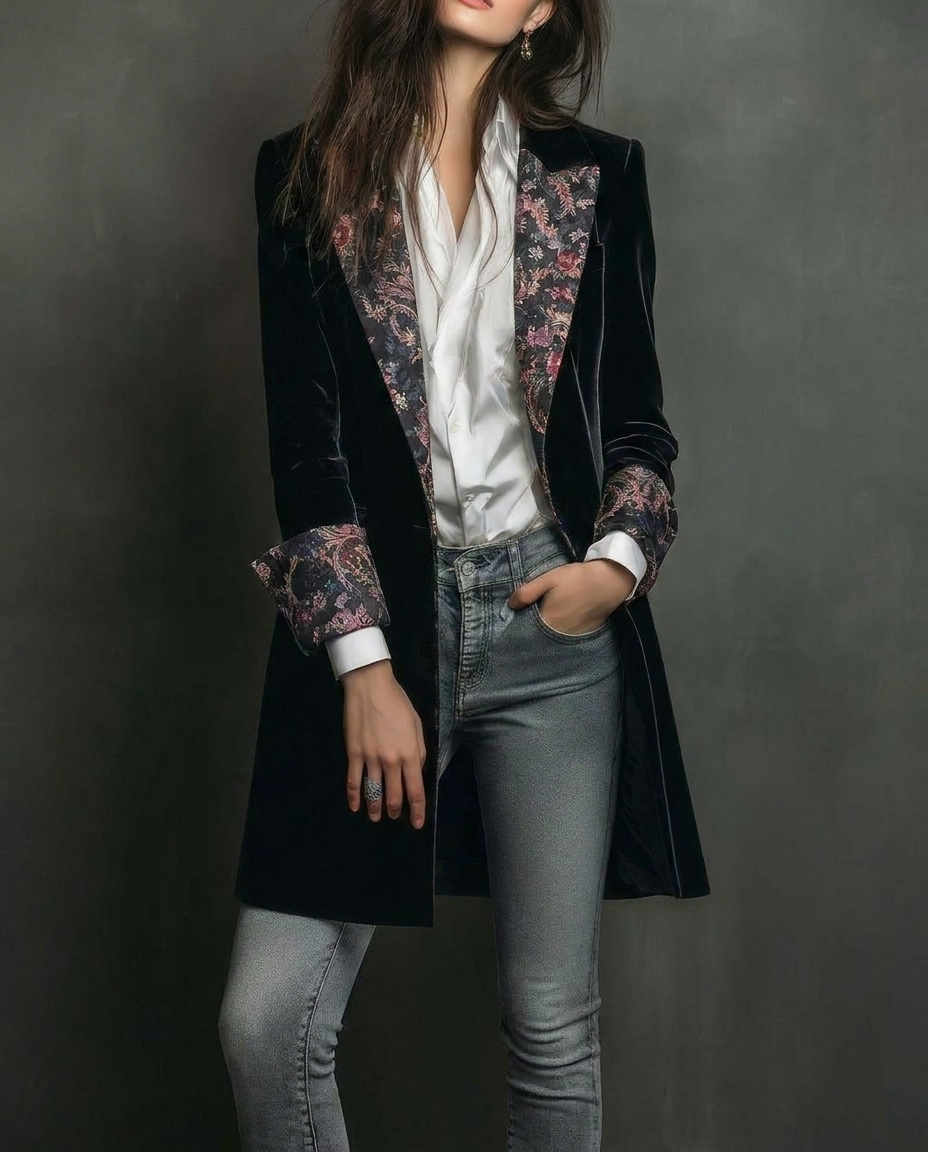 Valeria | Velvet Longline Blazer with Baroque Lapels