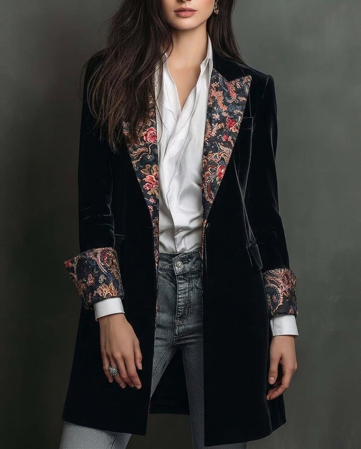 Valeria | Velvet Longline Blazer with Baroque Lapels