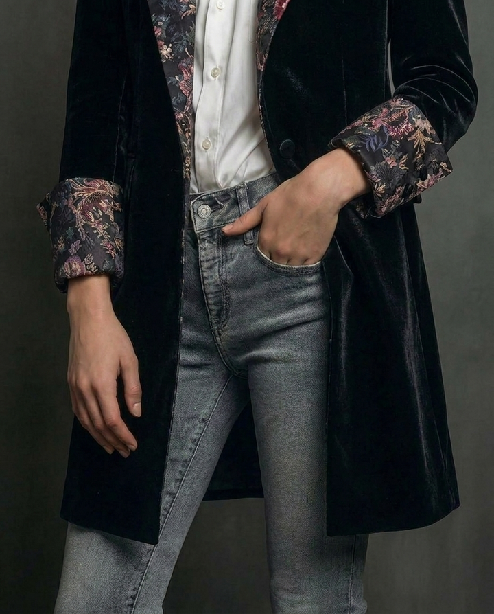 Valeria | Velvet Longline Blazer with Baroque Lapels