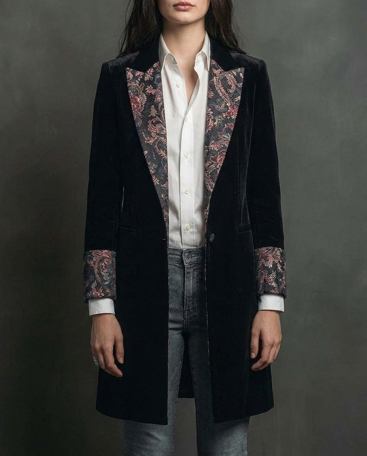 Valeria | Velvet Longline Blazer with Baroque Lapels