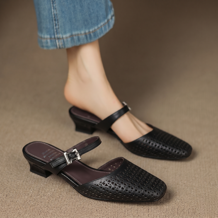 Fenella | Cut-Out Buckle-Strap Block-Heel Mules