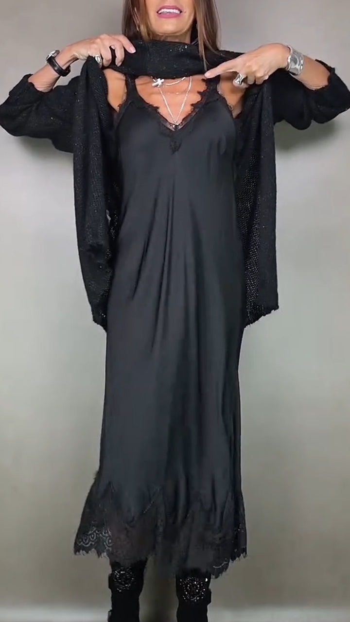 Noisette | Layered Knit &amp; Satin Maxi Dress Set