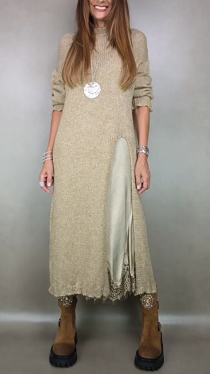 Noisette | Layered Knit &amp; Satin Maxi Dress Set