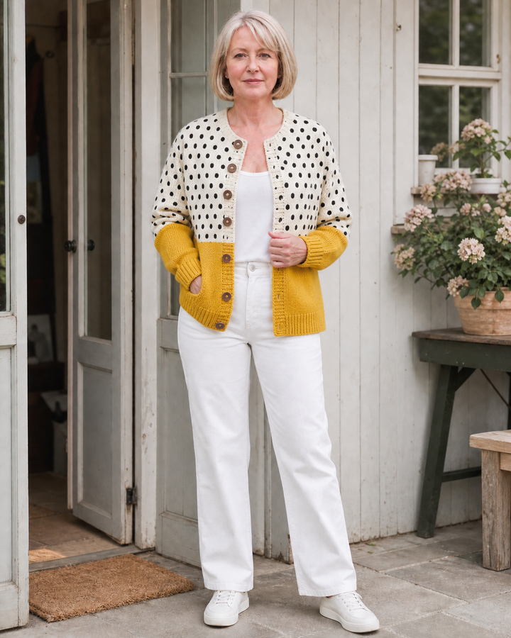 Honey | Polka-Dot Two-Tone Button-Up Cardigan