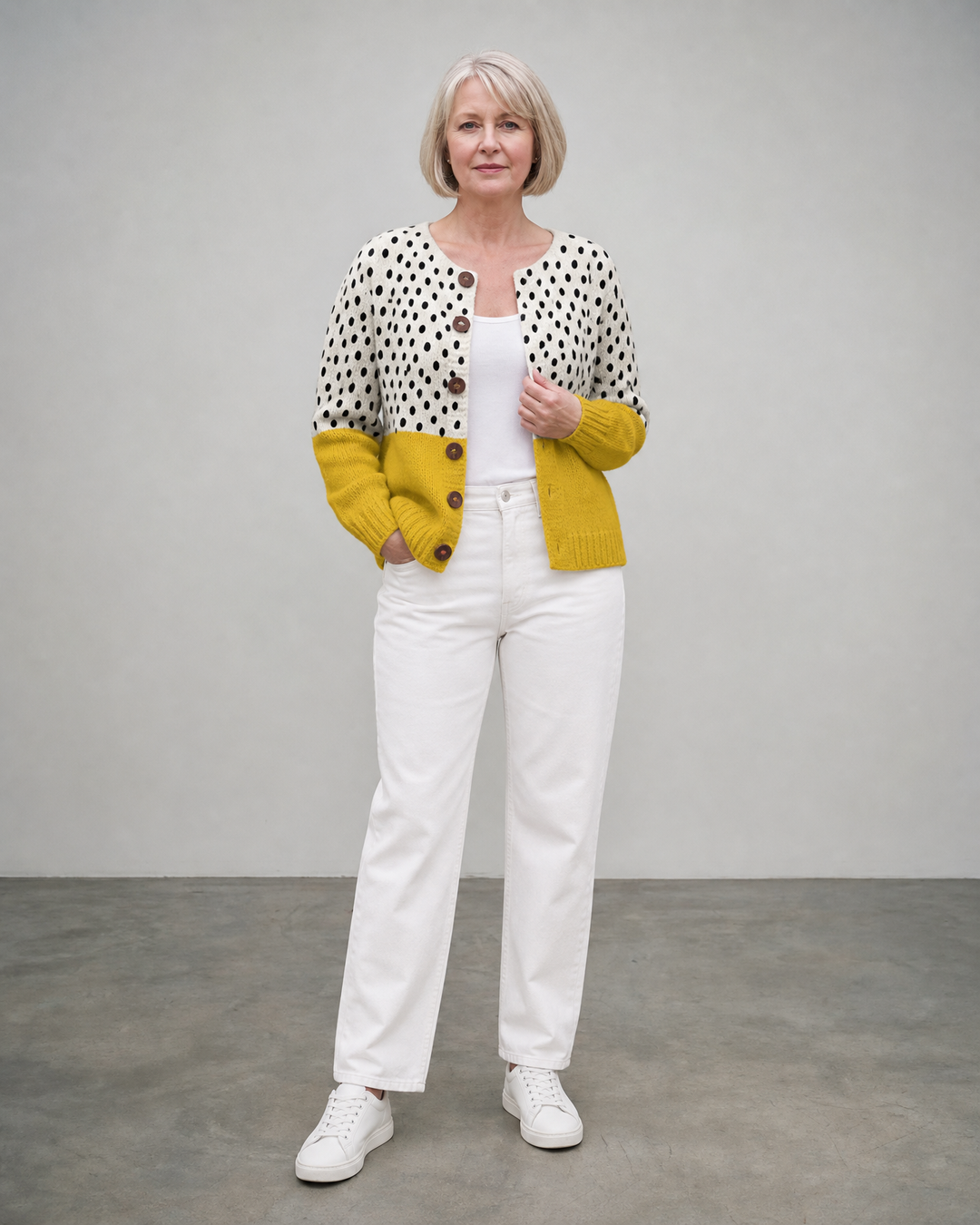 Honey | Polka-Dot Two-Tone Button-Up Cardigan