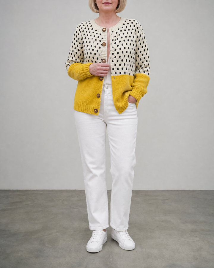 Honey | Polka-Dot Two-Tone Button-Up Cardigan