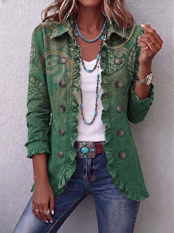 Olive | Faded Paisley Frill-Trim Jacket