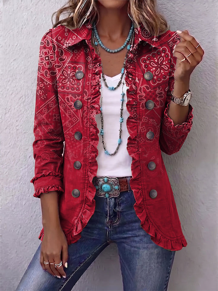Rosamund | Crimson Paisley Ruffle-Edge Jacket