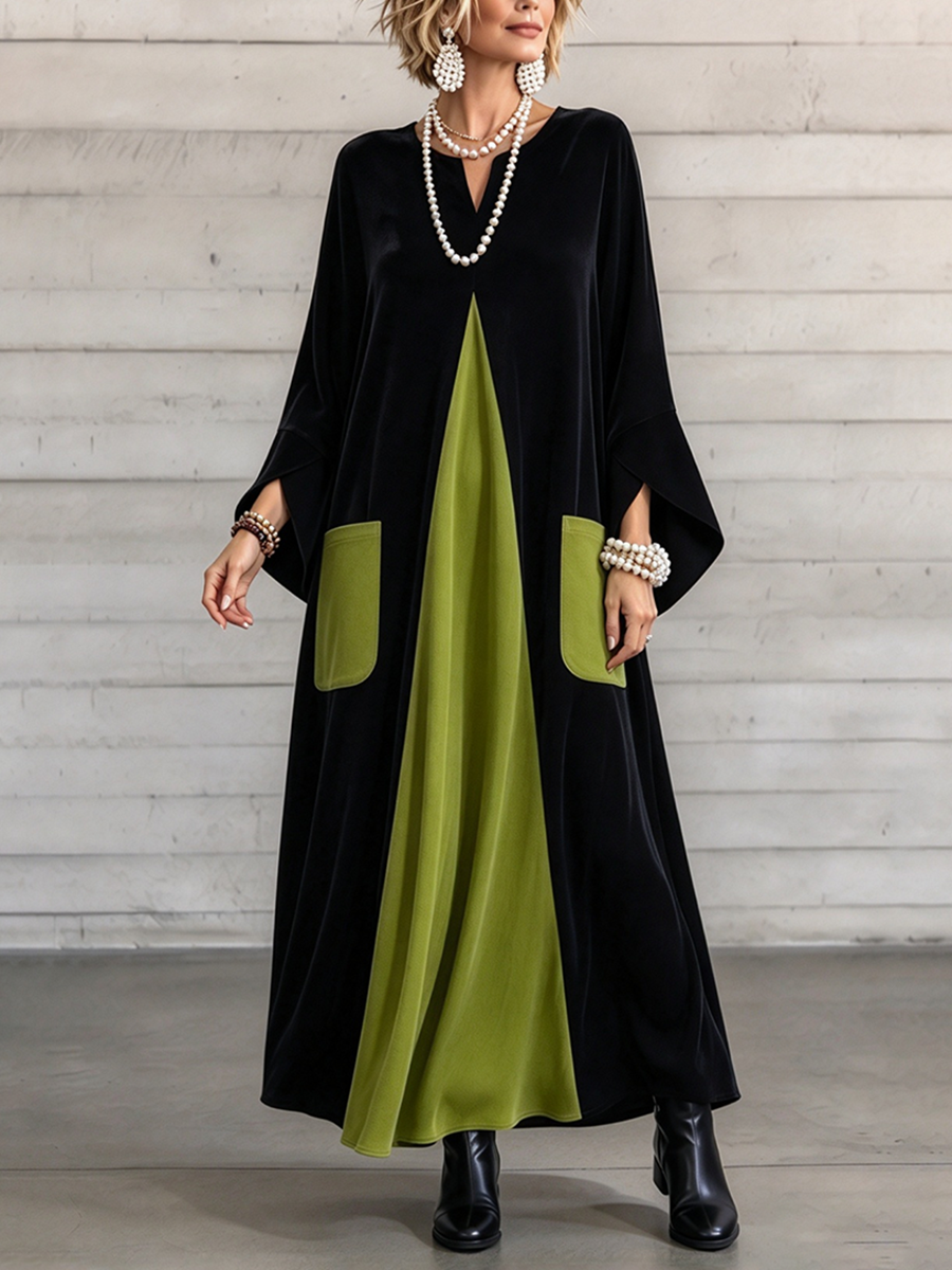 Ariane | Contrast-Panel Notch-Neck Velvet Maxi Dress