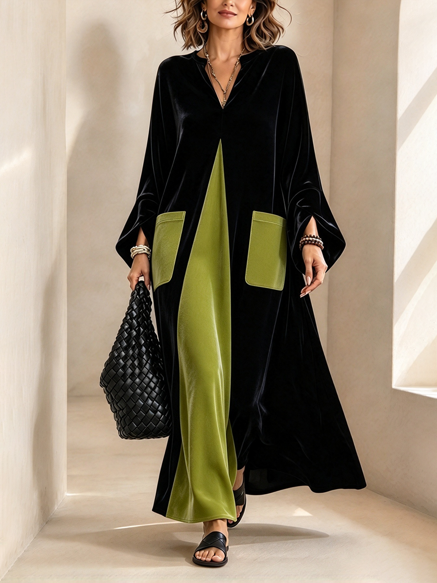 Ariane | Contrast-Panel Notch-Neck Velvet Maxi Dress