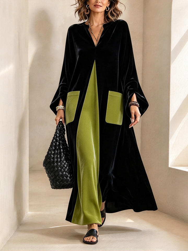 Ariane | Contrast-Panel Notch-Neck Velvet Maxi Dress