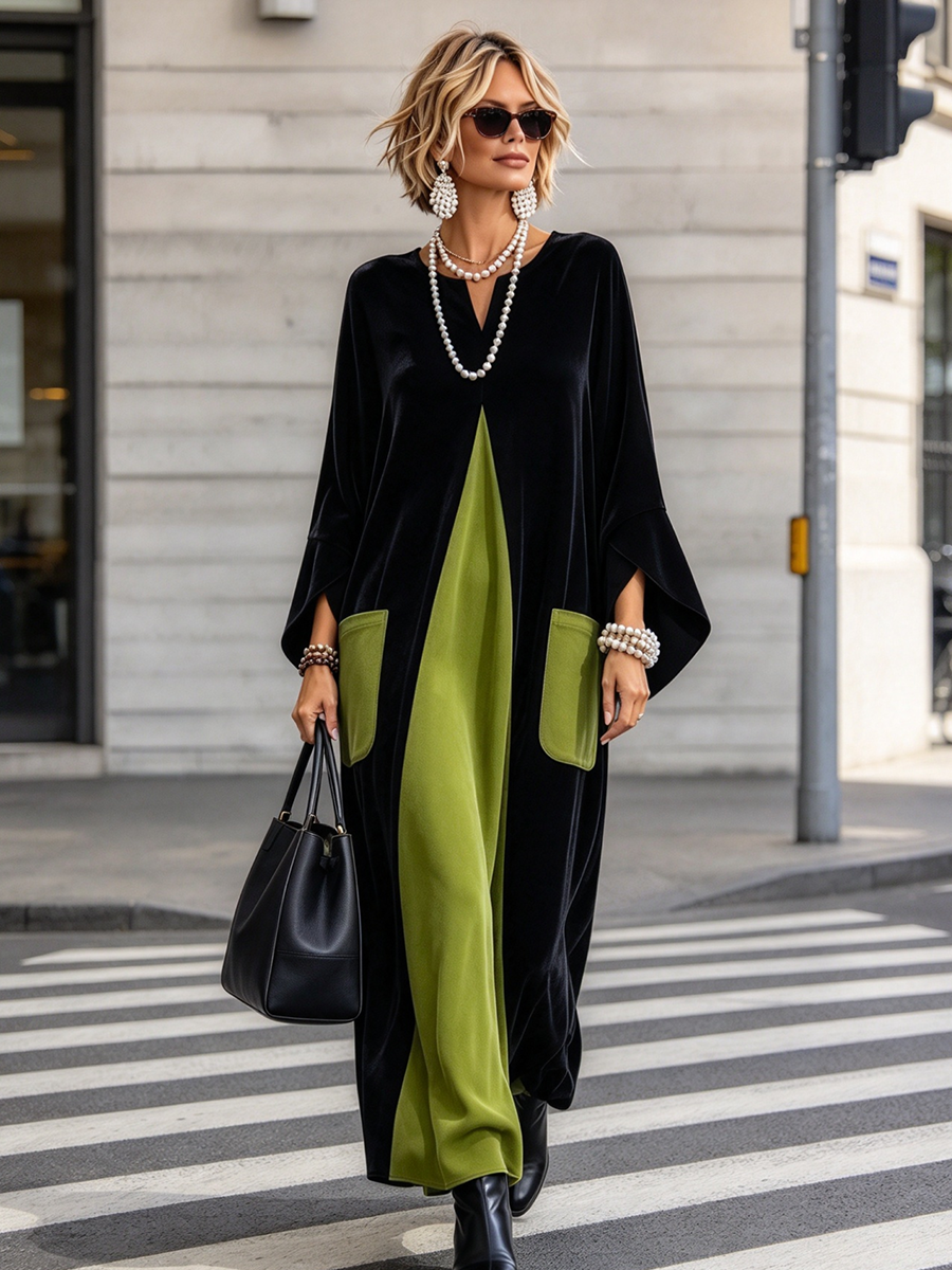 Ariane | Contrast-Panel Notch-Neck Velvet Maxi Dress