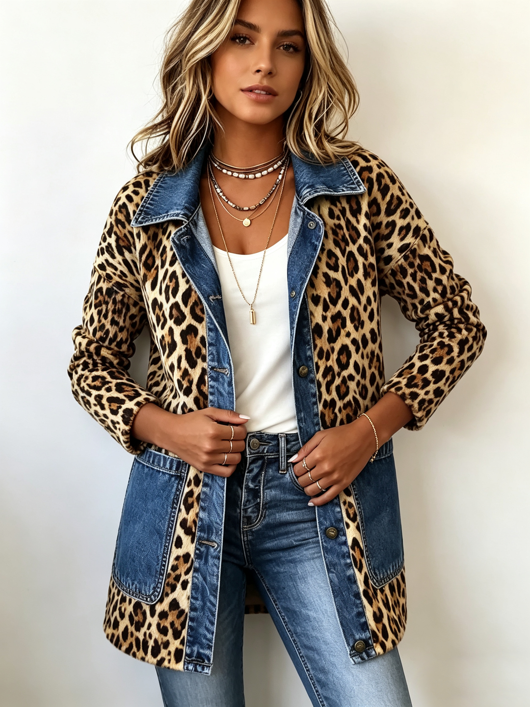Josephine | Long Leopard Print Denim Jacket