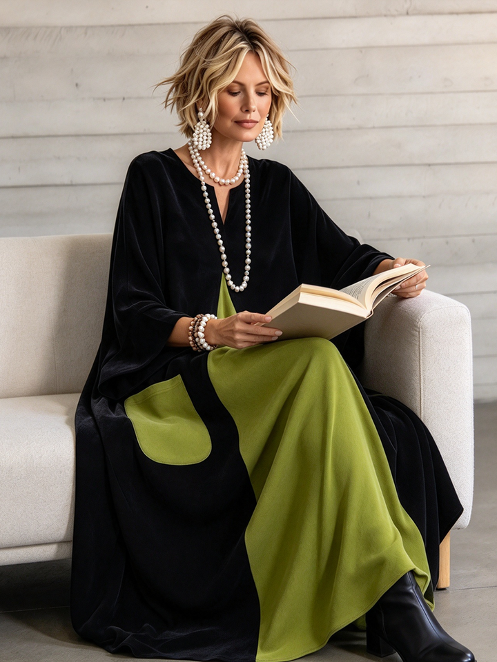 Ariane | Contrast-Panel Notch-Neck Velvet Maxi Dress