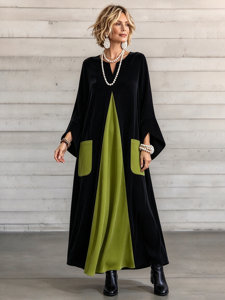 Ariane | Contrast-Panel Notch-Neck Velvet Maxi Dress