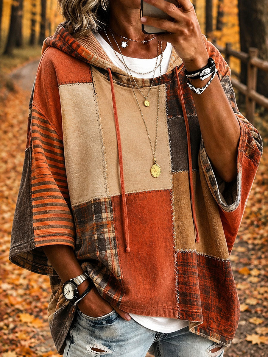 Chestnut | Rust &amp; Tan Patchwork Poncho-Style Hoodie