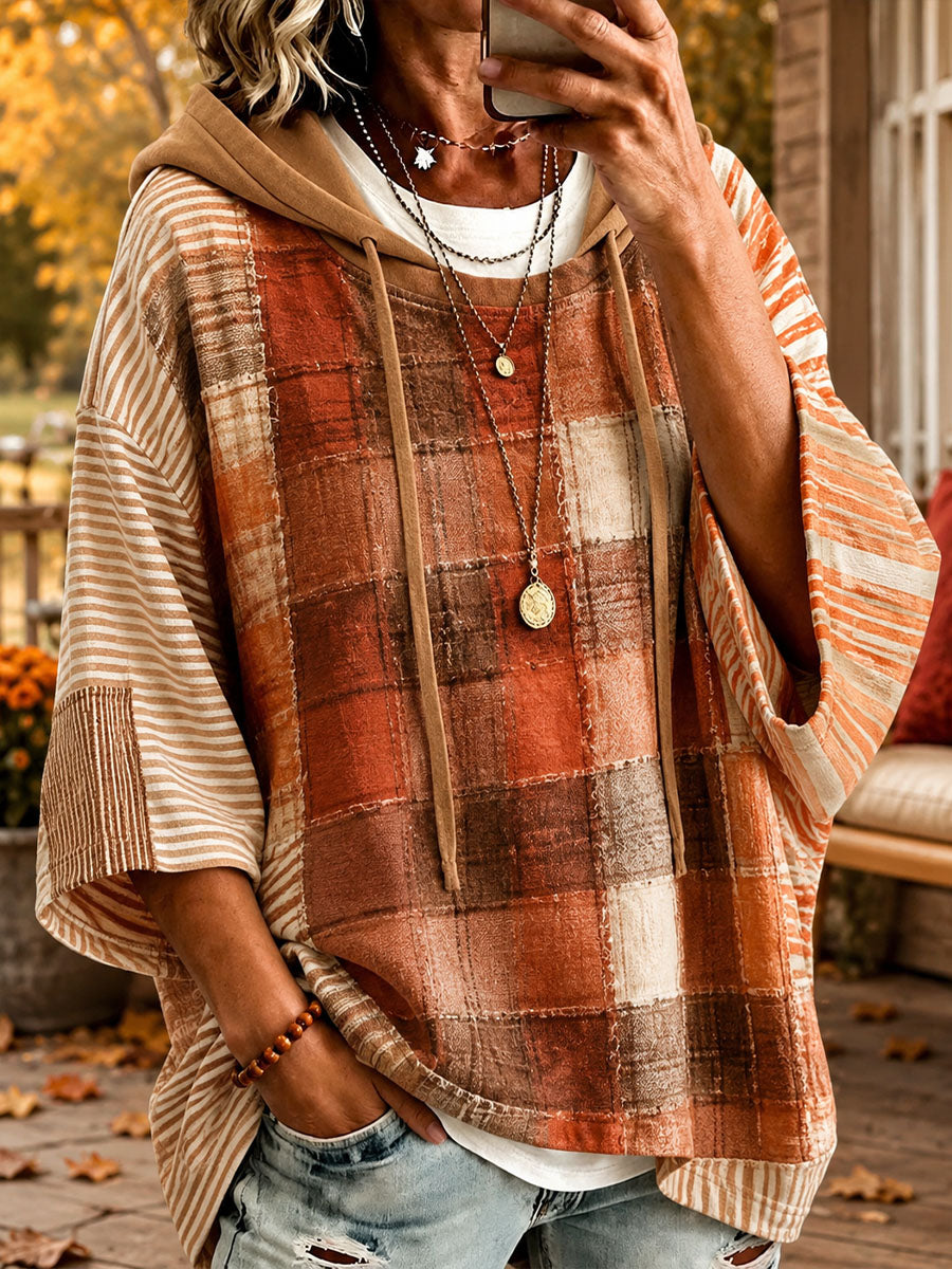 Ember | Rust Plaid &amp; Stripe Batwing Hoodie