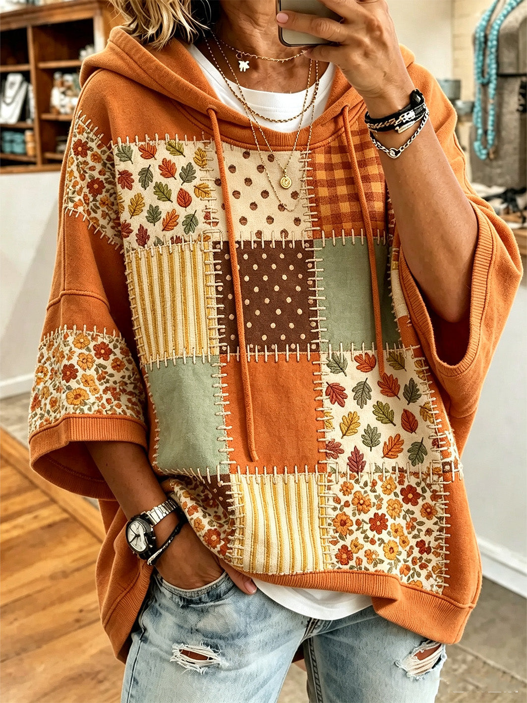 Pippin | Leaf &amp; Floral Patchwork Batwing Hoodie
