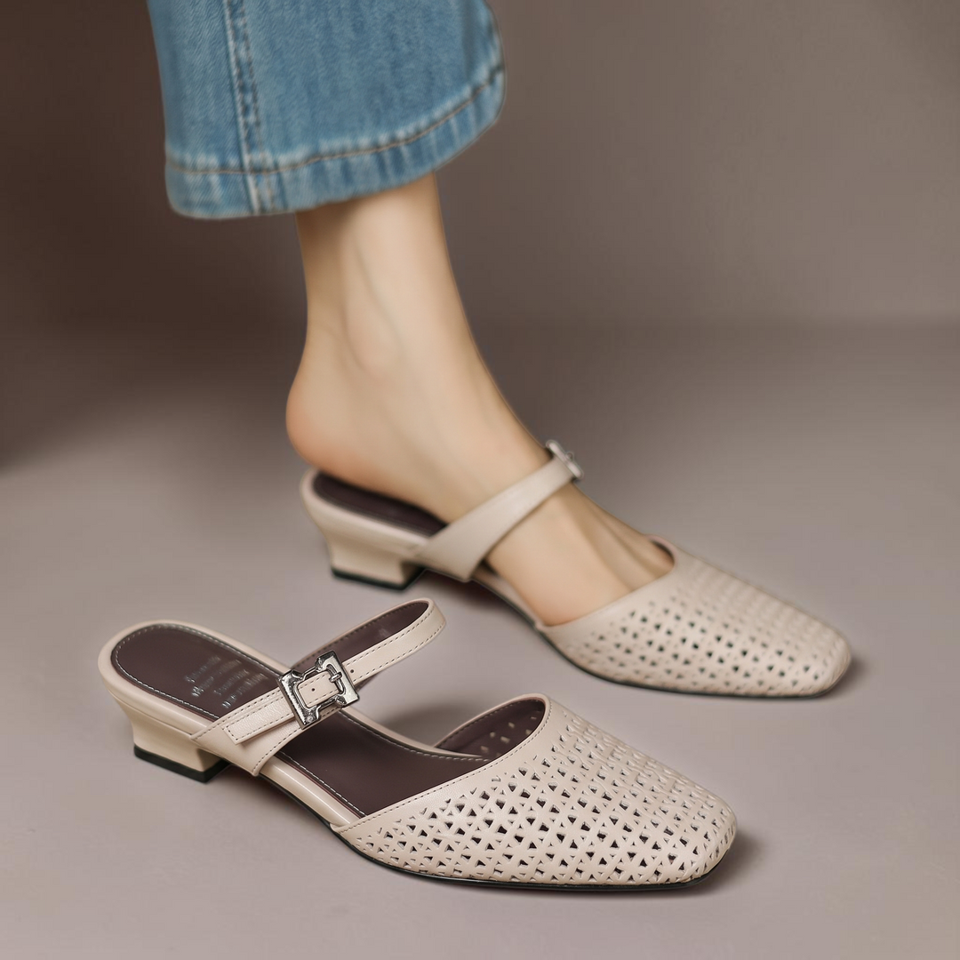 Fenella | Cut-Out Buckle-Strap Block-Heel Mules